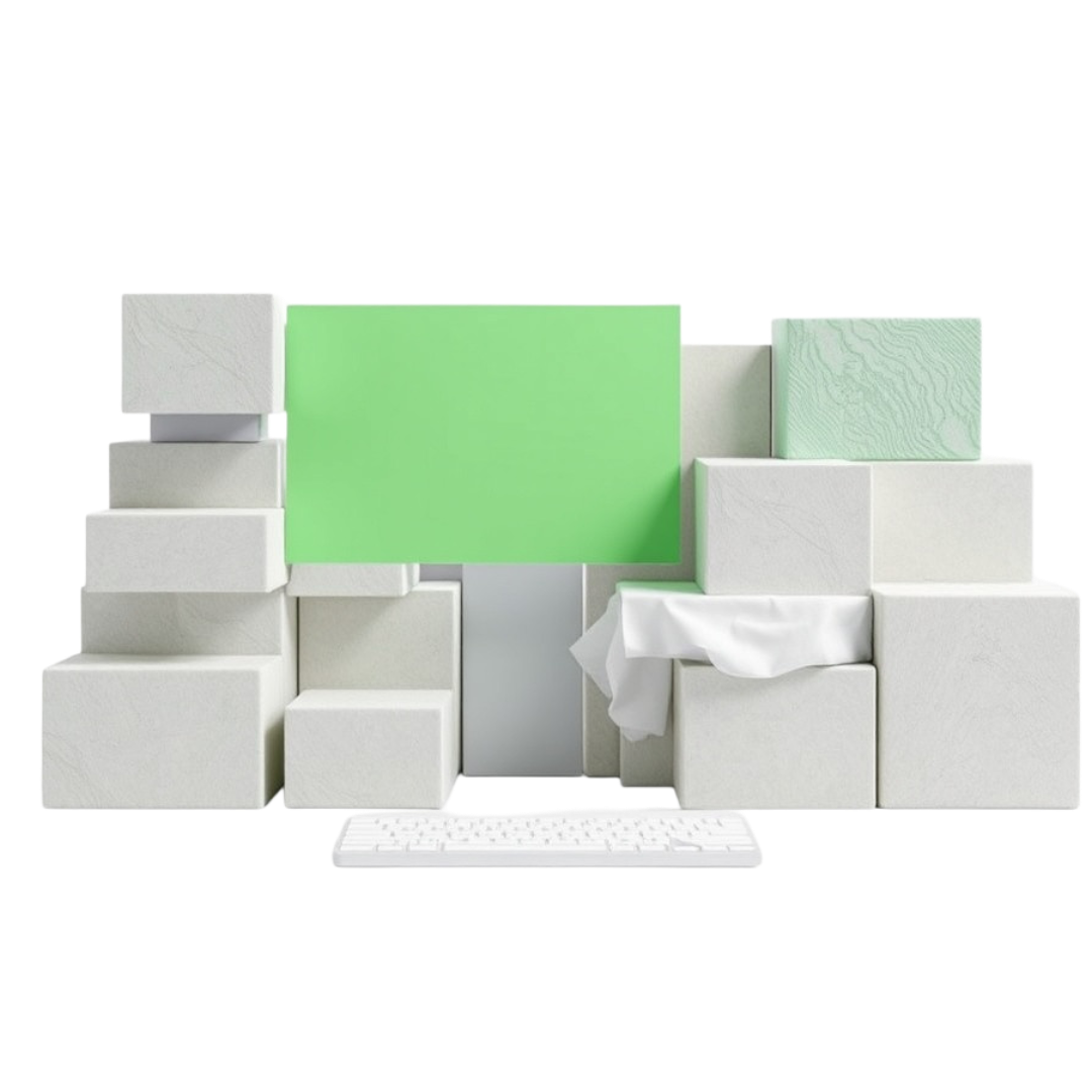 Dekoracyjny obrazek przedstawiający budowę strony lub aplikacji z kartonów